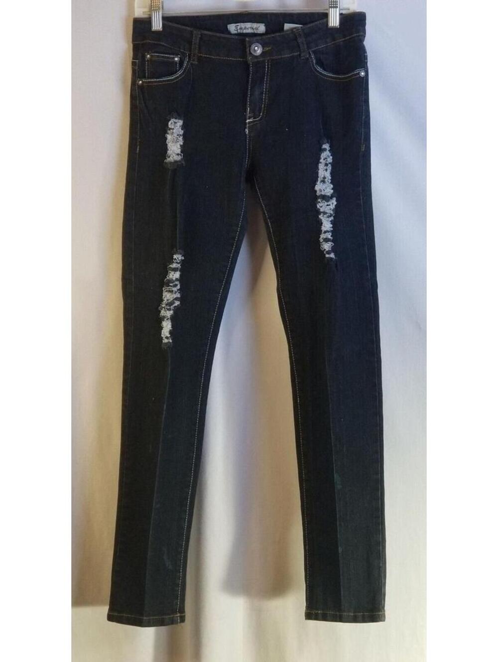 Emperial Premium Dark Blue Distressed Tapered Leg Womens Denim Blue Jean Size 11